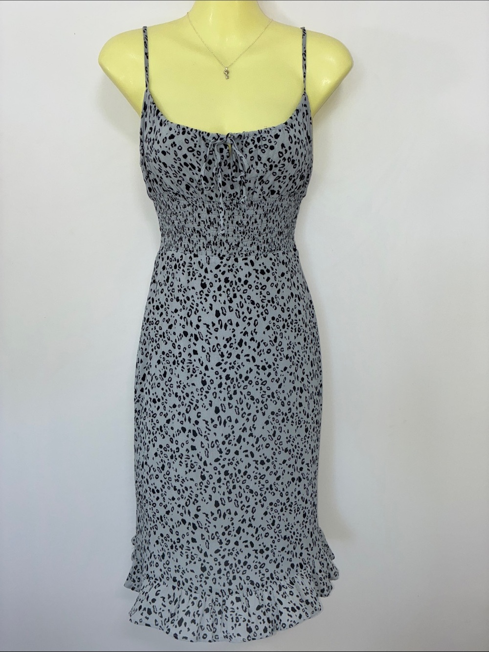 Reformation Dress Blue/Black  Leopard-Print Smocked Midi Dress Excellent 4